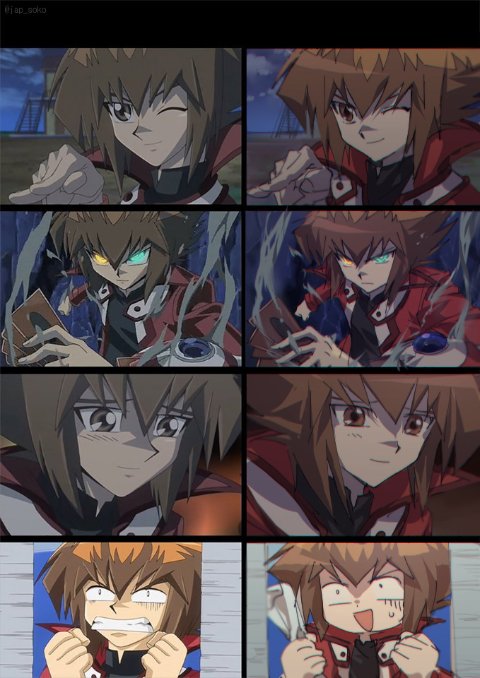 1boy, black_shirt, blush, brown_eyes, brown_hair, card, clenched_hands, derivative_work, duel_disk, glowing, glowing_eye, gotcha, gradient_hair, heterochromia, holding, jacket, jap_soko, looking_at_viewer, male_focus, multicolored_eyes, multicolored_hair, multiple_views, one_eye_closed, open_mouth, reference_work, school_uniform, screenshot_redraw, shirt, smile, smoke, upper_body, yu-gi-oh!, yu-gi-oh!_gx, yuki_judai