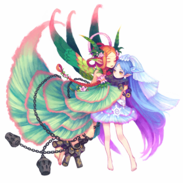 avalon_code, barefoot, blue_hair, braid, chain, collar, fairy, hug