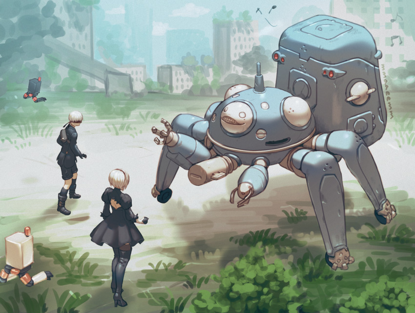 1boy, 1girl, backless_dress, backless_outfit, black_skirt, black_thighhighs, blindfold, boots, commentary_request, crossover, dress, emil_(nier), ghost_in_the_shell, high_heel_boots, high_heels, highres, komakuchi_mame, musical_note, nier_(series), nier:automata, ruins, skirt, spoken_musical_note, tachikoma, thighhighs, thighhighs_under_boots, white_hair, 2b_(nier:automata), 9s_(nier:automata)