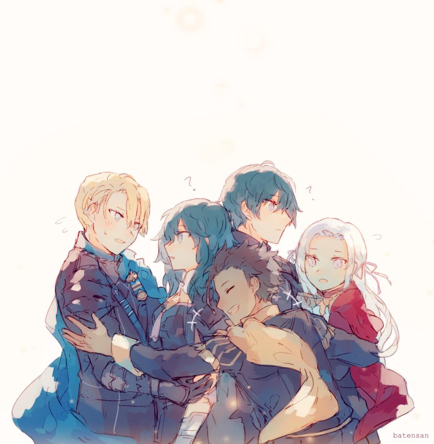 2girls, 3boys, ?, armor, back-to-back, batensan, black_gloves, blonde_hair