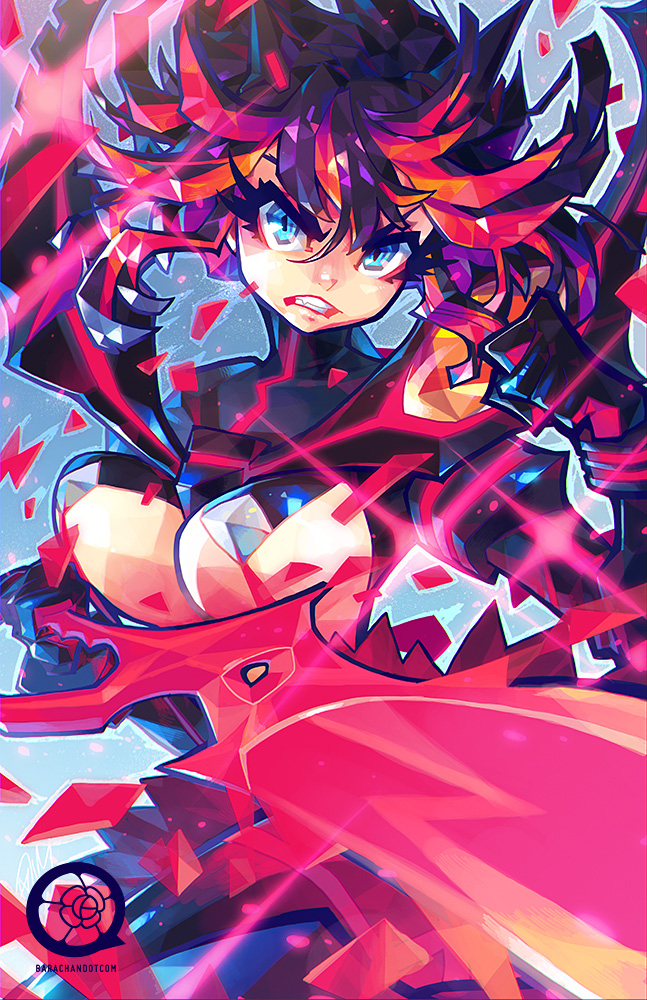 1girl, barachan, black_hair, blue_eyes, bouncing_breasts, breasts, clenched_hands, clenched_teeth