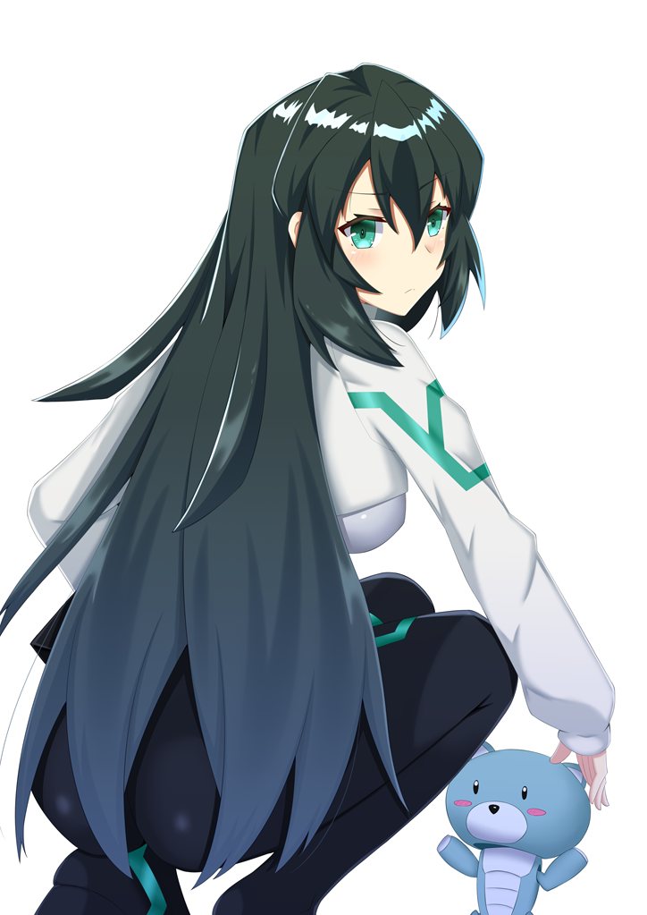 1girl, ass, beargguy, from_behind, green_eyes, green_hair, gundam, gundam_build_divers, gundam_build_divers_re:rise, gunpla, headpat, iseshi, long_hair, looking_back, may_(gundam_build_divers_re:rise), mecha, model_kit, petit'gguy, robot, squatting, very_long_hair, white_background