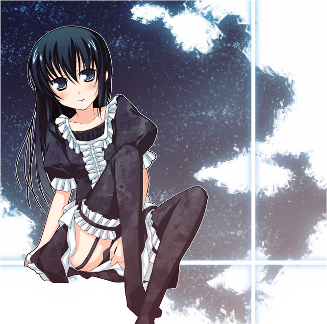 1boy, black_eyes, black_hair, blush, crossdressing, crossdressing_(mtf), dress, frilled_thighhighs