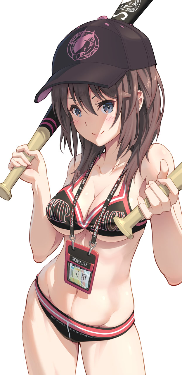 1girl, alice_gear_aegis, baseball_bat, baseball_cap, bikini, black_bikini, blue_eyes, blush, brown_hair, cowboy_shot, female_focus, hat, highres, id_card, kurogane_yuuto, pinakes, smile, solo, swimsuit, toned, white_background