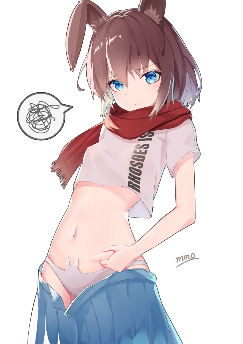 1girl, absurdres, amiya_(arknights), amiya_(fresh_fastener)_(arknights), animal_ear_fluff, animal_ears, arknights, blue_eyes, blue_skirt, brown_hair, commentary_request, cowboy_shot, crop_top, female_focus, hair_between_eyes, highres, looking_at_viewer, midriff, minoominoomi, navel, official_alternate_costume, panties, pleated_skirt, rabbit_ears, red_scarf, scarf, shirt, short_hair, short_sleeves, simple_background, skirt, solo, spoken_squiggle, squiggle, standing, stomach, t-shirt, underwear, white_background, white_panties, white_shirt