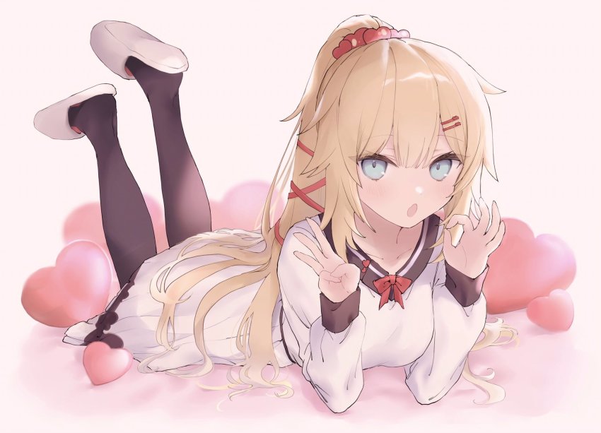 1girl, akai_haato, akai_haato_(loungewear), bad_id, bad_twitter_id, black_pantyhose, blonde_hair, blue_eyes