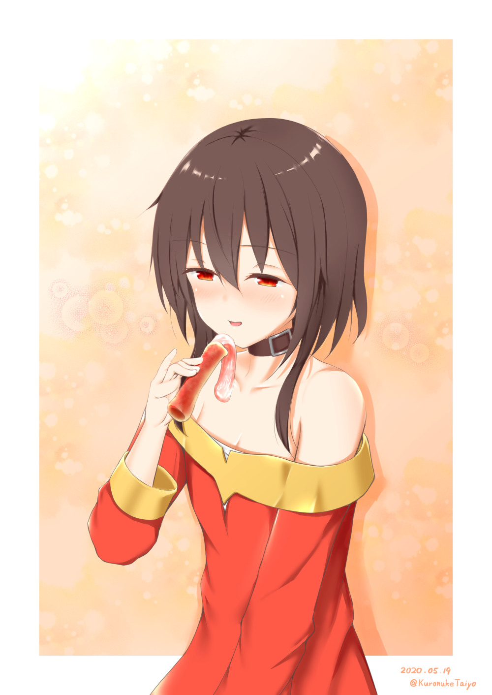 1girl, :d, artist_name, bare_shoulders, black_choker, black_hair, blush, choker