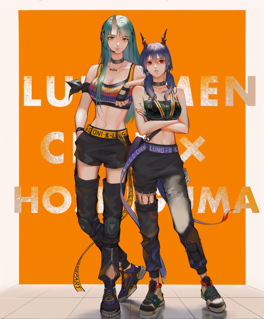 2girls, absurdres, arknights, arm_scarf, bandeau, bare_arms, bare_shoulders, belt, black_choker, black_footwear, black_gloves, black_nails, black_pants, blue_hair, breasts, brown_eyes, ch'en_(arknights), chelr, chinese_commentary, choker, cleavage, clothing_cutout, collarbone, commentary_request, crop_top, crossed_arms, dragon_horns, fingerless_gloves, full_body, gloves, green_hair, hair_between_eyes, headphones, headset, highres, horns, hoshiguma_(arknights), knee_pads, long_hair, looking_at_viewer, low_twintails, medium_breasts, midriff, multiple_girls, nail_polish, navel, pants, red_eyes, shoes, single_horn, smile, sneakers, sports_bra, standing, stomach, thigh_cutout, twintails