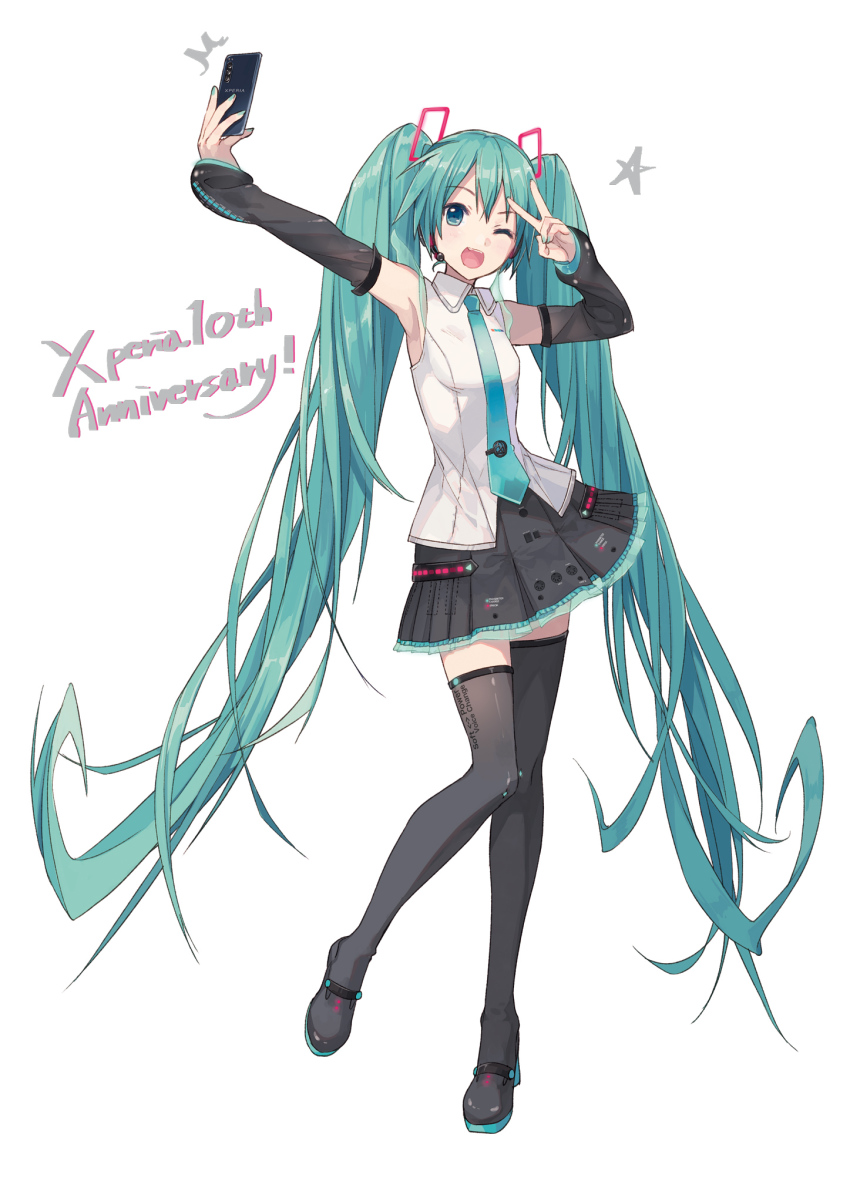 1girl, ;d, anniversary, aqua_eyes, aqua_hair, aqua_necktie, arms_up, black_sleeves
