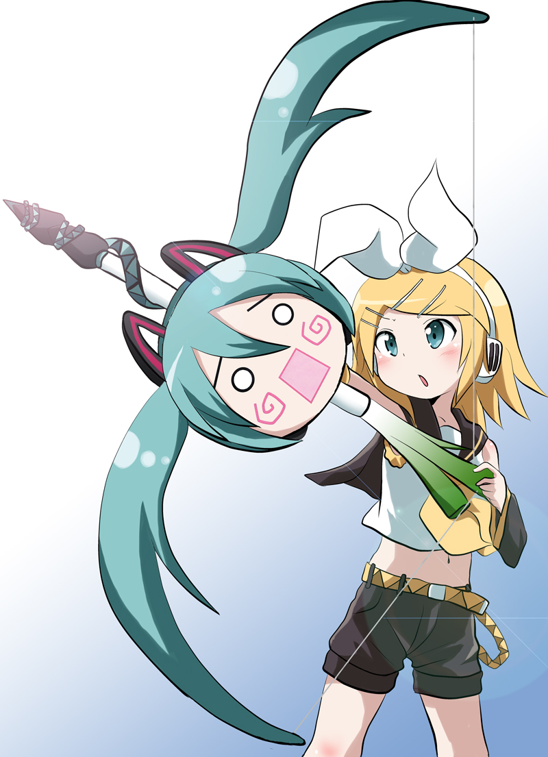 bad_id, bad_pixiv_id, bow_(weapon), final_form_ride, hachune_miku, hatsune_miku, kagamine_rin, kamen_rider, kamen_rider_dcd, massala, parody, sailor_collar, solo, spring_onion, vocaloid, weapon