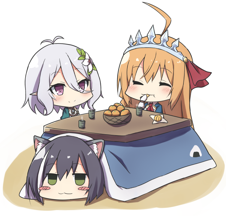 ahoge, animal_ear_fluff, animal_ears, antenna_hair, ascot, black_hair, blush, cat_ears, chibi, closed_eyes, commentary_request, cup, eating, flower, food, food_print, fruit, green_eyes, hair_between_eyes, hair_flower, hair_ornament, karyl_(princess_connect!), kokkoro_(princess_connect!), kotatsu, long_hair, mandarin_orange, medium_hair, onigiri_print, orange_hair, pecorine_(princess_connect!), pointy_ears, princess_connect!, purple_eyes, simple_background, smile, table, tiara, toro_th, under_kotatsu, under_table, white_background, white_hair, yunomi