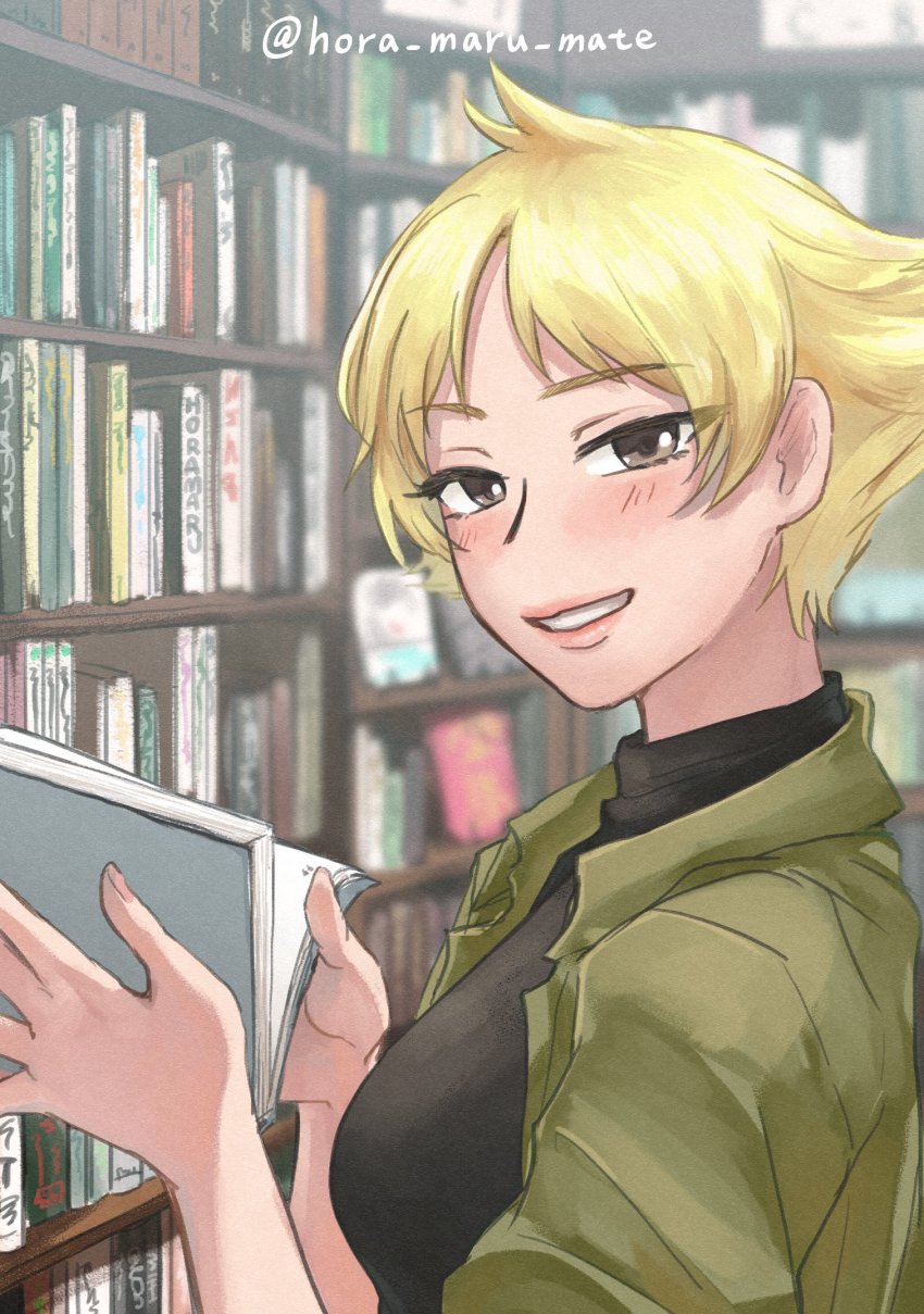 1girl, black_shirt, blonde_hair, blush, book, bookshelf, brown_eyes, casual