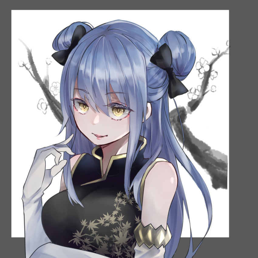 1girl, bad_id, bad_pixiv_id, black_bow, black_dress, blue_hair, bow, china_dress, chinese_clothes, double_bun, dress, elbow_gloves, female_focus, gloves, hair_between_eyes, hair_bow, hair_bun, highres, long_hair, open_mouth, print_dress, shiny_skin, sleeveless, sleeveless_dress, solo, spring_tm00oo, tensei_shitara_slime_datta_ken, upper_body, velgrynd_(tensura), very_long_hair, white_background, white_gloves, yellow_eyes