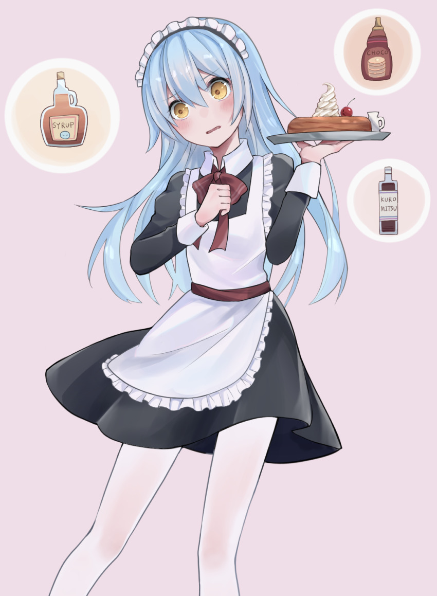 1girl, alternate_costume, apron, bad_id, bad_pixiv_id, black_dress, blue_hair, blush, dress, enmaided, female_focus, floating_hair, frilled_apron, frills, hair_between_eyes, highres, holding, holding_plate, long_hair, long_sleeves, maid, maid_headdress, open_mouth, pantyhose, pink_background, plate, rimuru_tempest, short_dress, solo, spring_tm00oo, standing, tensei_shitara_slime_datta_ken, very_long_hair, wavy_mouth, white_apron, white_pantyhose, yellow_eyes