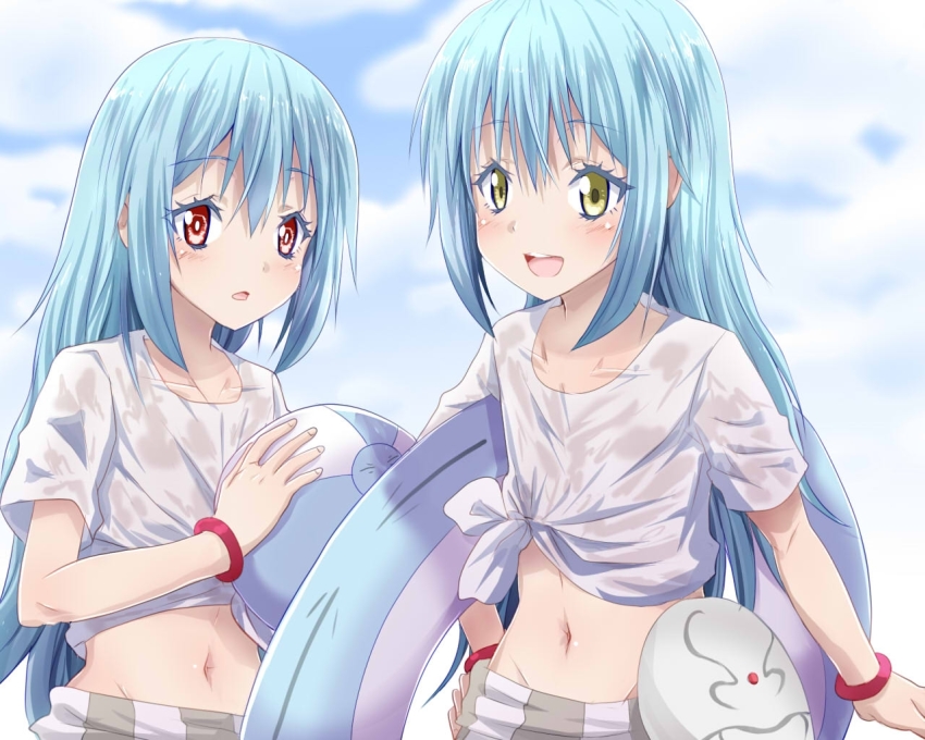 2boys, :d, aisu_(icicleshot), ball, beachball, blue_hair, blurry, blurry_background