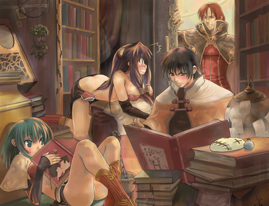 2boys, 2girls, animal_ears, bear_ears, black_hair, book, boots, breasts