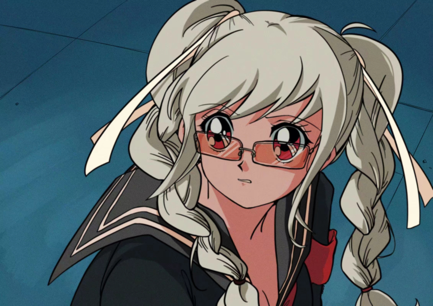 1990s_(style), 1girl, armband, bishoujo_senshi_sailor_moon, bishoujo_senshi_sailor_moon_s, braid, clenched_teeth, danganronpa_(series), derivative_work, female_focus, glasses, hair_ribbon, highres, kawatooo, looking_to_the_side, looking_up, meme, mitsuishi_kotono, pekoyama_peko, red_eyes, retro_artstyle, ribbon, sailor_moon_redraw_challenge_(meme), school_uniform, screenshot_redraw, serafuku, solo, teeth, twin_braids, voice_actor_connection, white_hair