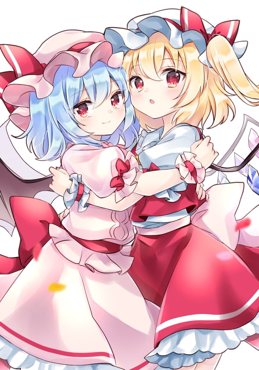 2girls, blonde_hair, blue_hair, closed_mouth, commentary_request, flandre_scarlet, hat, highres