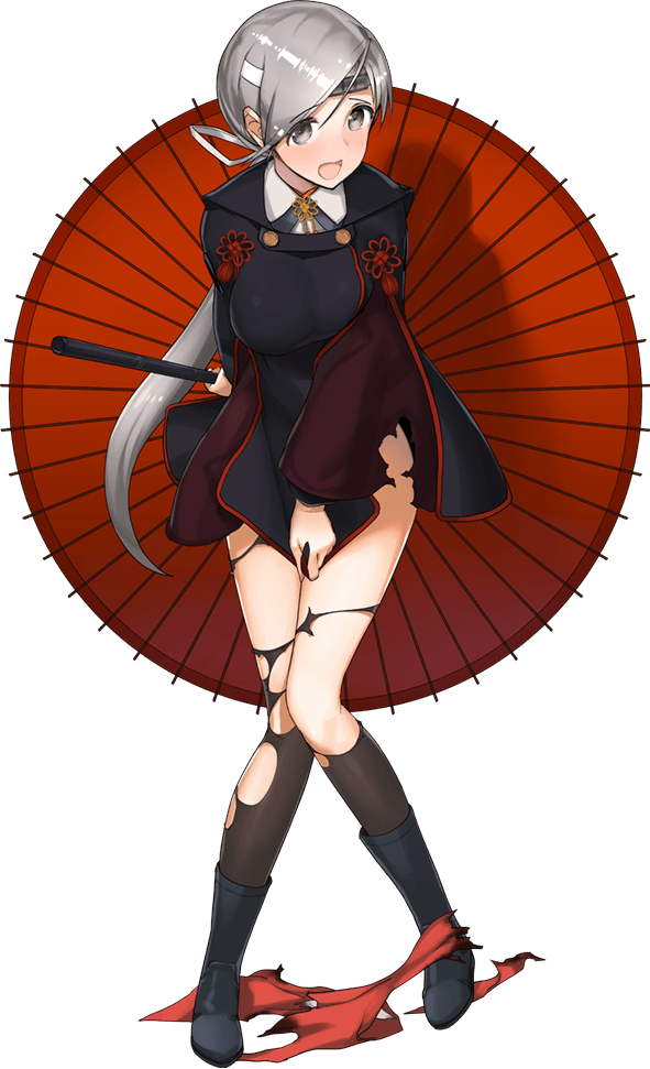 1girl, bad_id, bad_twitter_id, black_boots, blush, boots, breasts, chitose_(kancolle), chitose_(rainy_season)_(kancolle), female_focus, full_body, hair_ribbon, hakama, hakama_skirt, headband, holding, holding_umbrella, japanese_clothes, kantai_collection, knee_boots, knees_together_feet_apart, kuuro_kuro, large_breasts, long_hair, long_sleeves, looking_at_viewer, official_art, oil-paper_umbrella, open_mouth, pantyhose, ponytail, raincoat, raincoat_pull, ribbon, rubber_boots, silver_hair, skirt, solo, torn_clothes, torn_pantyhose, torn_skirt, transparent_background, umbrella