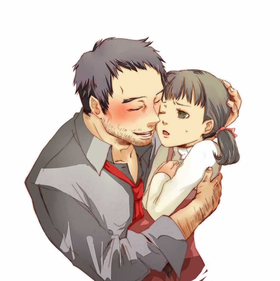 1boy, 1girl, age_difference, atlus, beard_stubble, brown_eyes, brown_hair, chagashi, closed_eyes, doujima_nanako, doujima_ryoutarou, drunk, facial_hair, father_and_child, father_and_daughter, frown, hand_on_another's_head, hand_on_own_chest, hug, necktie, one_eye_closed, open_mouth, parent_and_child, persona, persona_4, pig_tail, satou_chagashi, simple_background, stubble, tail, white_background