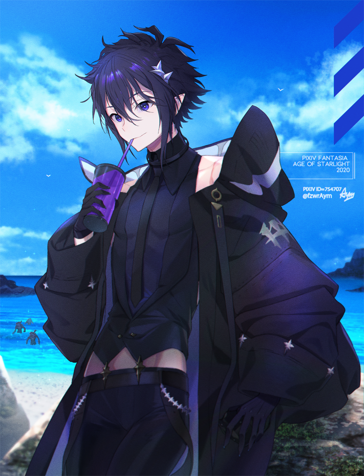 1boy, beach, black_gloves, black_hair, black_neckwear, black_pants, copyright_name, dated, day, drinking, drinking_straw, fuziwara_ayumu, gloves, hair_between_eyes, hair_ornament, male_focus, manacle_kralien, necktie, outdoors, pants, pixiv_fantasia, pixiv_fantasia_age_of_starlight, pixiv_id, pointy_ears, purple_eyes, sidelocks, standing, twitter_username, vest