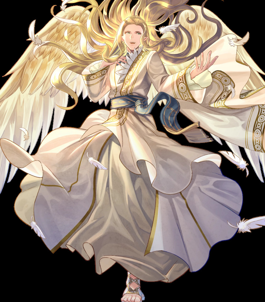 1boy, alternate_costume, blonde_hair, bouquet, feathered_wings, feathers, feet, fire_emblem