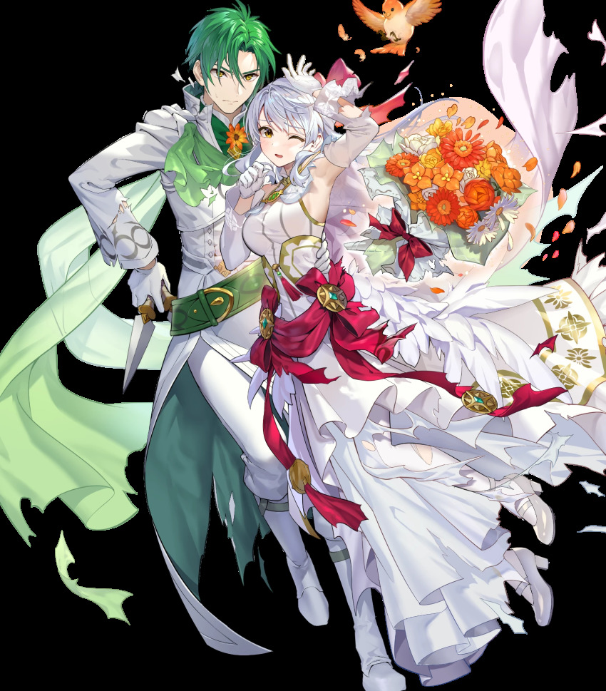 1boy, 1girl, alternate_costume, armpits, bird, bouquet, bow, breasts