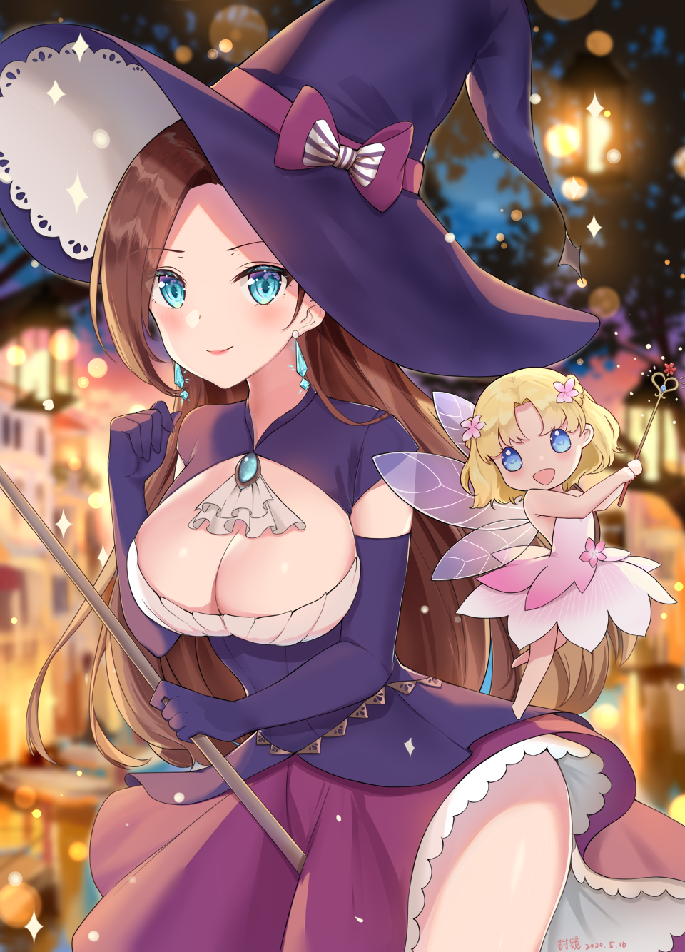 2girls, :d, blonde_hair, blue_eyes, breasts, brooch, brown_hair, chibi, chibi_inset, cleavage, cleavage_cutout, clothing_cutout, commentary_request, dress, earrings, elbow_gloves, fairy, fairy_wings, female_focus, gloves, hat, highres, jewelry, kagami_(kgmgts), katarina_claes, large_breasts, long_hair, maria_campbell, multiple_girls, open_mouth, otome_game_no_hametsu_flag_shika_nai_akuyaku_reijou_ni_tensei_shite_shimatta, parted_bangs, pink_dress, purple_gloves, purple_headwear, purple_skirt, short_hair, skirt, smile, sparkle, very_long_hair, wand, wings, witch, witch_hat