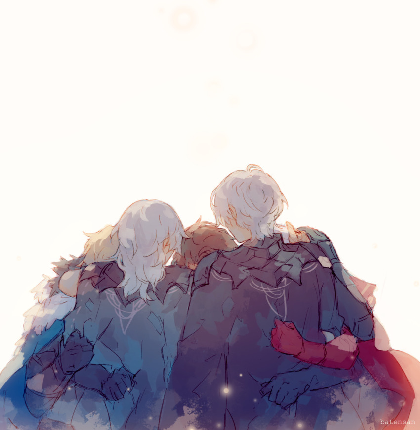 2girls, 3boys, armor, batensan, black_gloves, blonde_hair, blue_cape, brown_hair