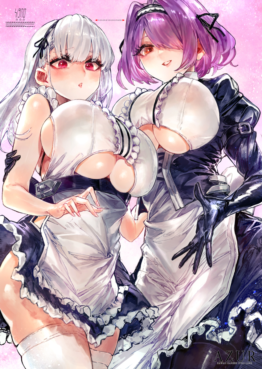 2girls, apron, azur_lane, bare_shoulders, black_gloves, black_hairband, black_legwear, blush