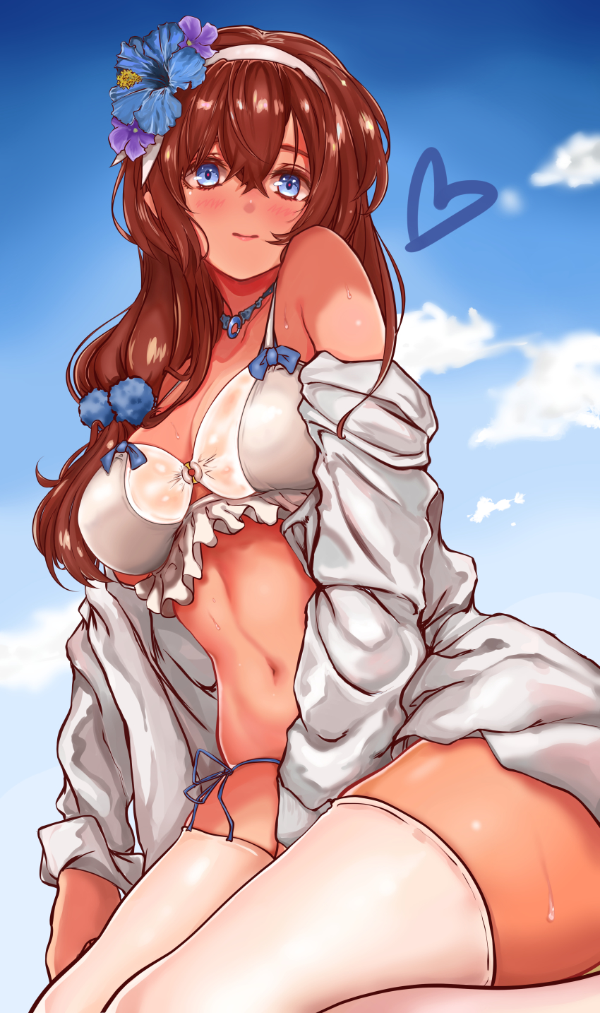 1girl, absurdres, aratako_(crimson015), bare_shoulders, bikini, blue_eyes, blue_sky, blush, breasts, brown_hair, closed_mouth, collarbone, commentary_request, fate/grand_order, fate_(series), female_focus, flower, hair_flower, hair_ornament, hairband, highres, jacket, jewelry, large_breasts, long_hair, long_sleeves, looking_at_viewer, mata_hari_(fate), navel, necklace, off_shoulder, open_clothes, open_jacket, sitting, sky, smile, solo, swimsuit, thighhighs, thighs, wariza, white_bikini, white_jacket, white_thighhighs