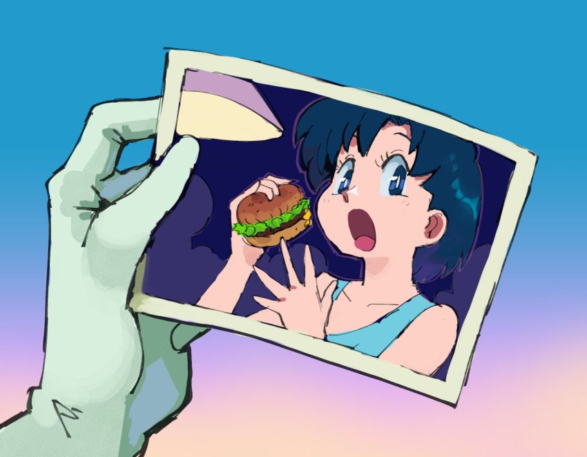 1girl, bishoujo_senshi_sailor_moon, bishoujo_senshi_sailor_moon_(first_season), blue_eyes, blue_hair, burger, collarbone, derivative_work