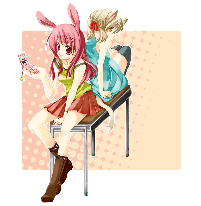2girls, animal_ears, back-to-back, bad_id, bad_pixiv_id, blonde_hair, rabbit_ears, camisole