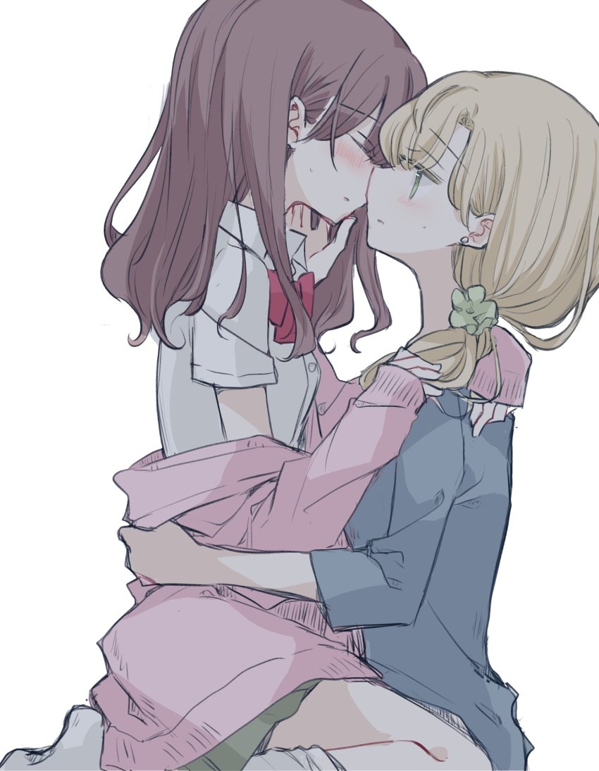 1_x_1/2, 2girls, blonde_hair, blue_jacket, blush, bow, brown_hair, closed_eyes, commentary_request, earrings, flower, girl_on_top, green_eyes, green_skirt, hair_flower, hair_ornament, hand_on_another's_face, highres, hug, imminent_kiss, incest, jacket, jewelry, long_hair, looking_at_another, morii_asuka, morii_ayako, mother_and_child, mother_and_daughter, multiple_girls, nakamura_taiyaki, official_art, parent_and_child, pink_sweater, ponytail, red_bow, school_uniform, shirt, simple_background, skirt, socks, sweater, white_background, white_shirt, white_socks, yuri