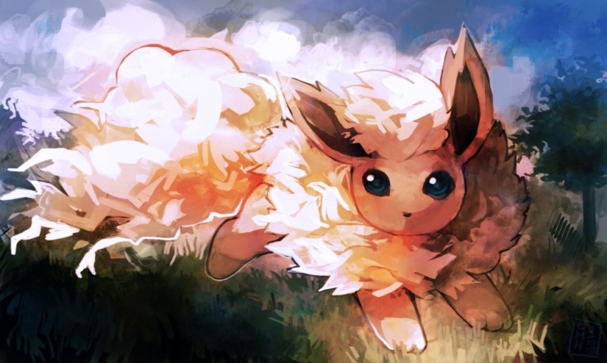 blue_eyes, blue_sky, commentary, creature, day, english_commentary, flareon, full_body