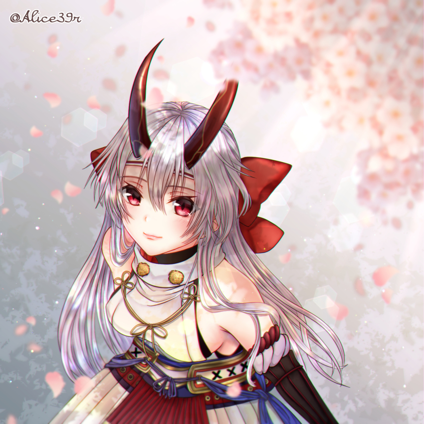 1girl, alice39r, armor, bare_shoulders, blush, bow, breasts, cherry_blossoms