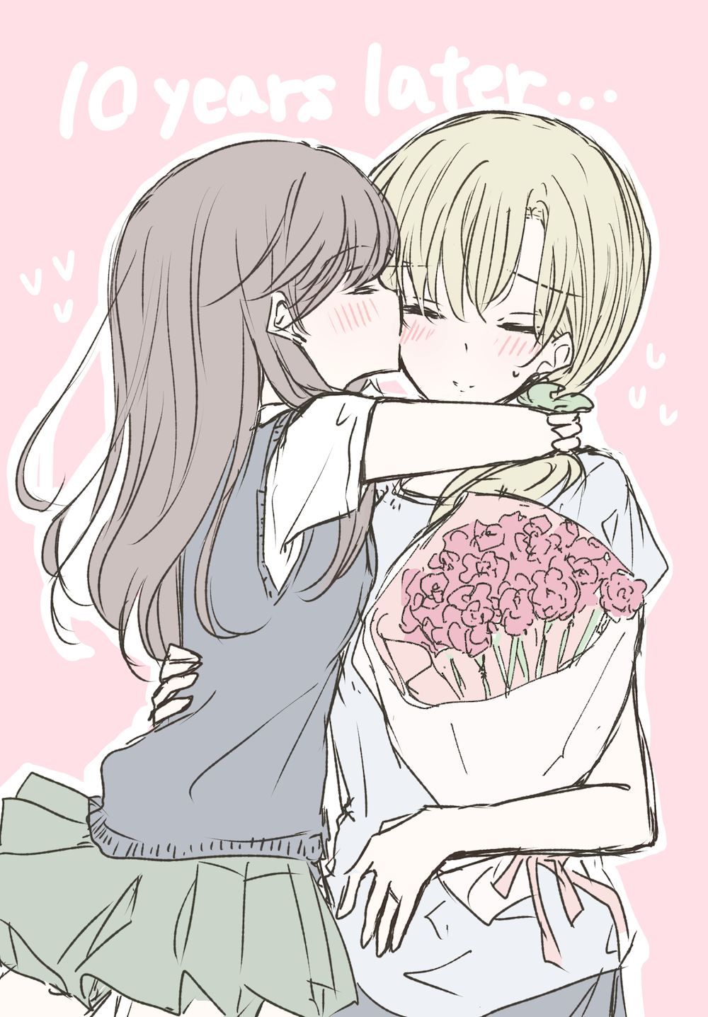 1_x_1/2, 2girls, blonde_hair, blush, bouquet, brown_hair, closed_eyes, commentary_request