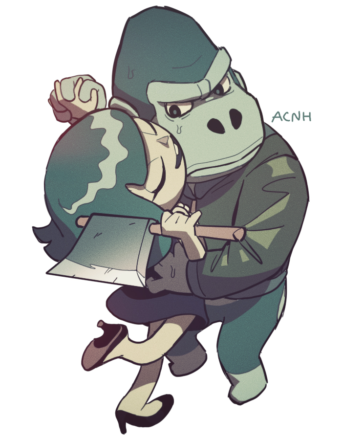 1boy, 1girl, animal, animal_crossing, axe, bad_id, bad_twitter_id, closed_eyes, dancing, denim2, dress, gorilla, hand_on_another's_back, high_heels, holding, holding_hands, holding_weapon, jacket, leg_up, looking_at_another, nintendo, peewee_(animal_crossing), simple_background, smile, sweat, villager_(animal_crossing), weapon, white_background