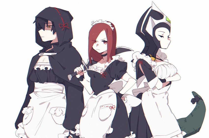 1boy, 2girls, 34_lol7, alternate_costume, bad_id, bad_twitter_id, black_choker, black_hair
