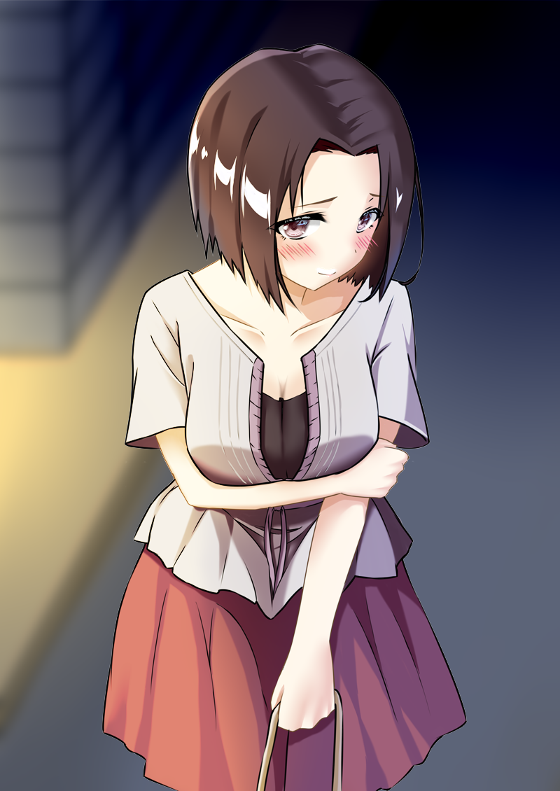 1girl, arm_under_breasts, bag, blush, breasts, brown_eyes, brown_hair, cleavage, embarrassed, female_focus, hand_on_own_arm, holding, holding_bag, looking_at_viewer, medium_breasts, mizumok1, morinome_shinako, night, outdoors, red_skirt, short_hair, short_sleeves, skirt, smile, solo, standing, yesterday_wo_utatte