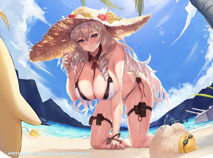 1girl, algerie_(azur_lane), algerie_(white_sand_paradise)_(azur_lane), all_fours, alternate_costume, azur_lane, baby_animal, beach, bikini, bird, black_bikini, blue_sky, blush, breasts, chick, cleavage, closed_mouth, copyright_name, covered_erect_nipples, day, detached_collar, flower, frilled_bikini, frills, goggles, hand_up, hanging_breasts, hat, hat_flower, large_breasts, lens_flare, long_hair, looking_at_viewer, manjuu_(azur_lane), mole, mole_on_breast, mole_under_eye, multiple_views, nail_polish, neck_ribbon, ocean, official_alternate_costume, official_art, open_mouth, outdoors, palm_tree, parted_lips, purple_eyes, red_flower, red_nails, red_ribbon, ribbon, silver_hair, sky, smile, straw_hat, swimsuit, thighs, tree, very_long_hair, vichya_dominion_(emblem), water, wet, white_bikini, yellow_flower, yoshiku_(oden-usagi)