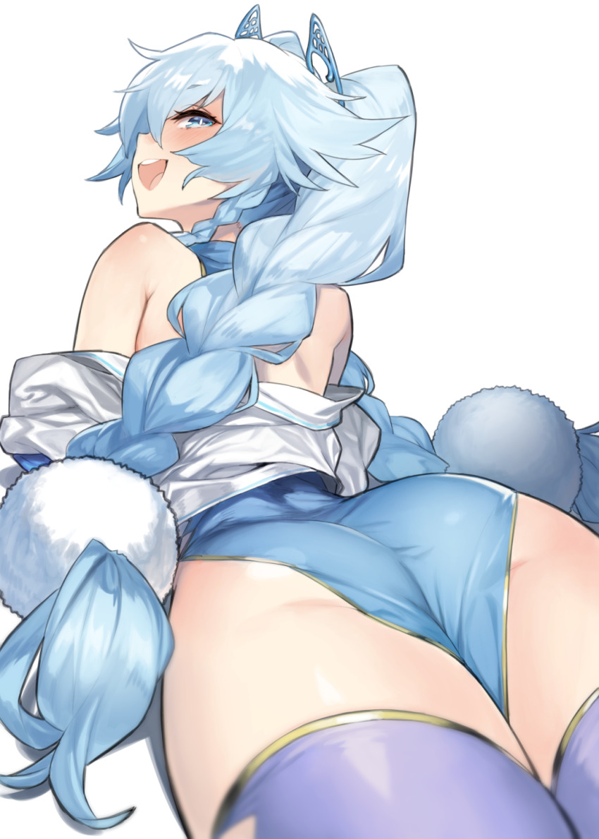 1girl, 92m, :d, ass, bare_shoulders, blue_eyes, blue_hair, blush