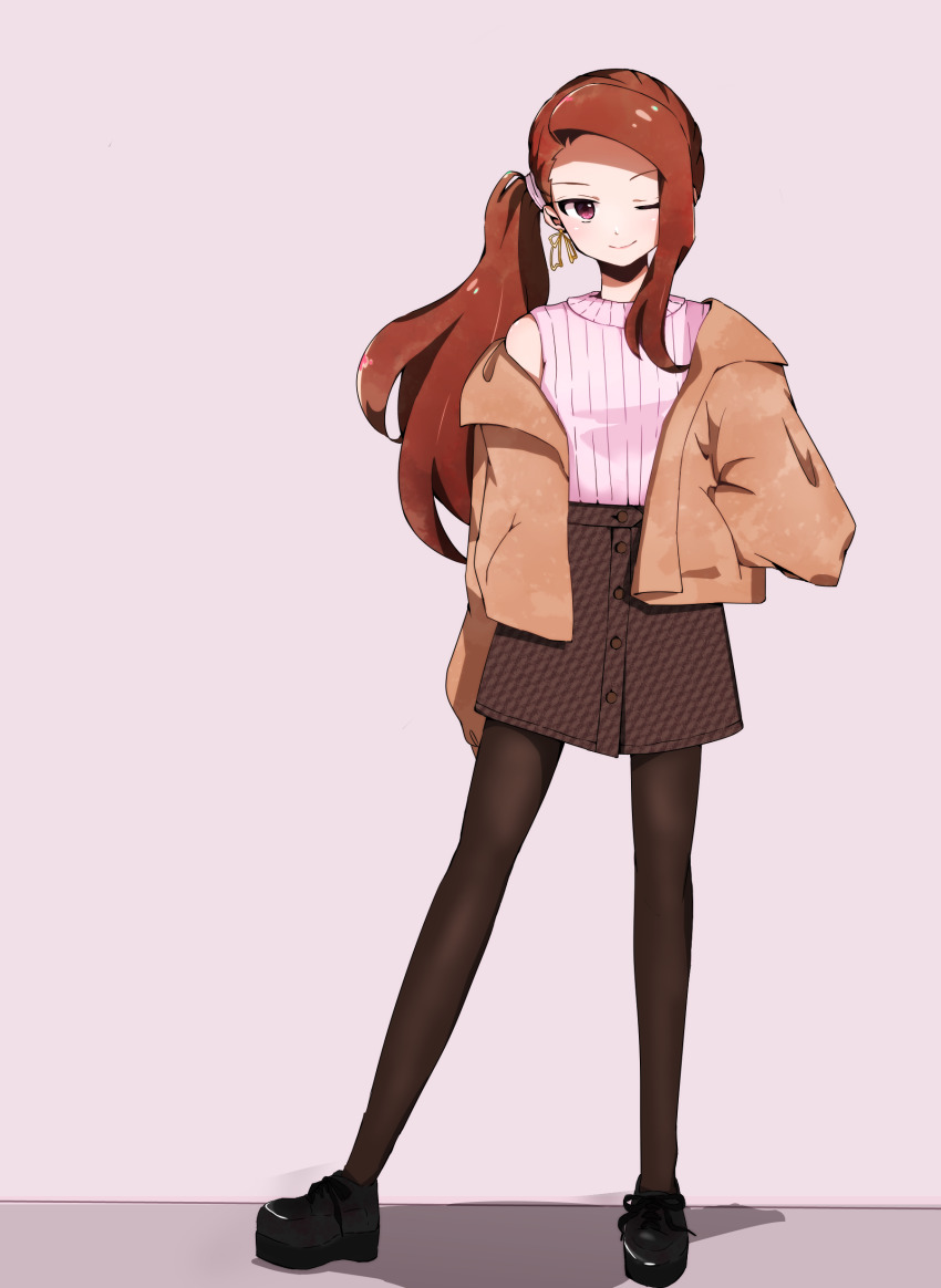 1girl, ;), absurdres, alternate_hairstyle, black_pantyhose, brown_hair, brown_jacket, brown_shoes