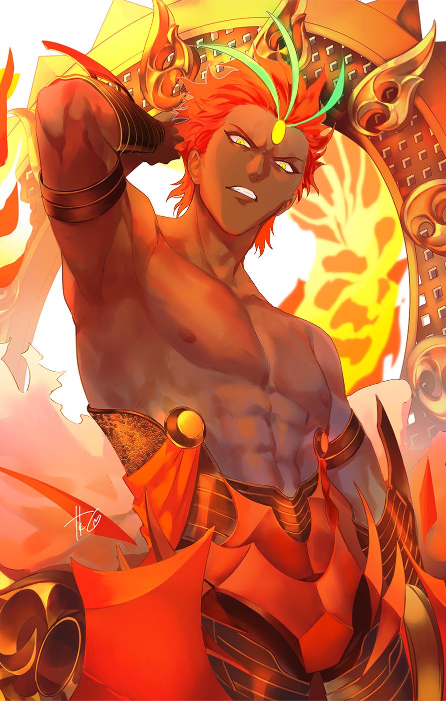 1boy, abs, alternate_hairstyle, armor, ashwatthama_(fate), ashwatthama_(third_ascension)_(fate), bare_shoulders, dark-skinned_male