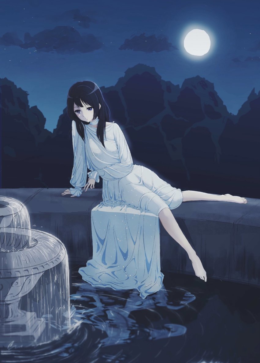 1girl, barefoot, black_hair, brown_eyes, cuvier3240, dress, female_focus, full_moon