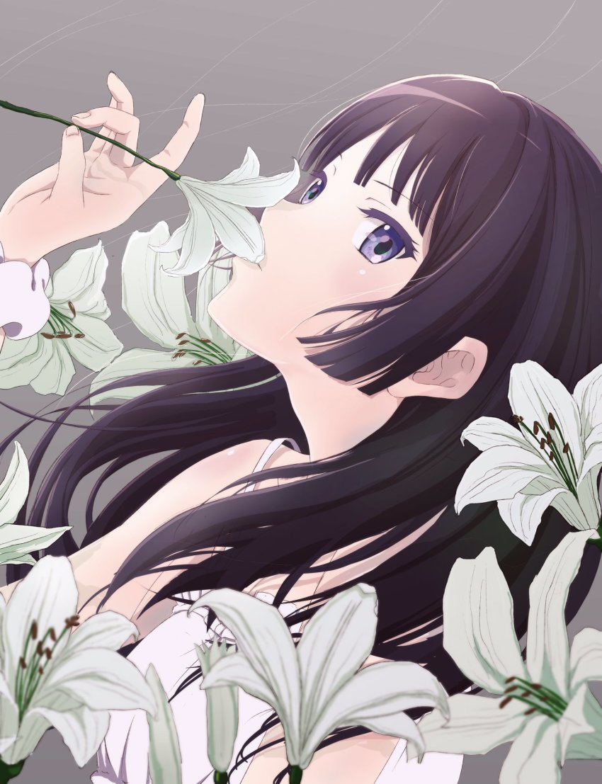 1girl, black_hair, blue_eyes, cuvier3240, dress, female_focus, floating_hair, flower