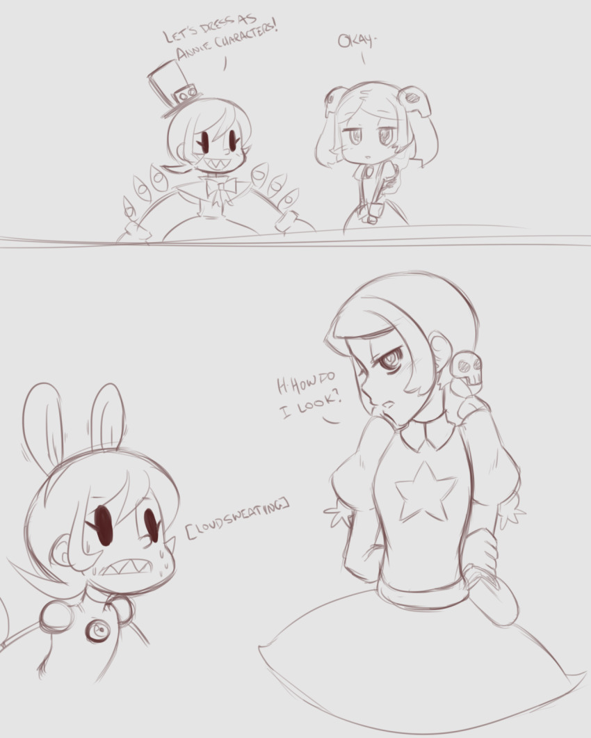 2girls, alternate_hairstyle, animal_ears, annie_(skullgirls), annie_(skullgirls)_(cosplay), apron, arms_behind_back, bloody_marie_(skullgirls)