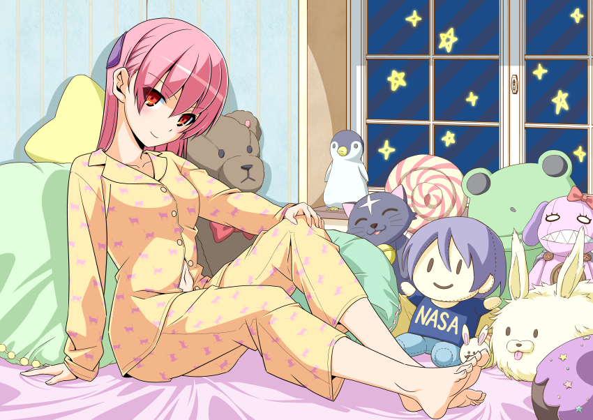 1girl, animal_print, barefoot, bed_sheet, bedroom, bell, bow, breasts