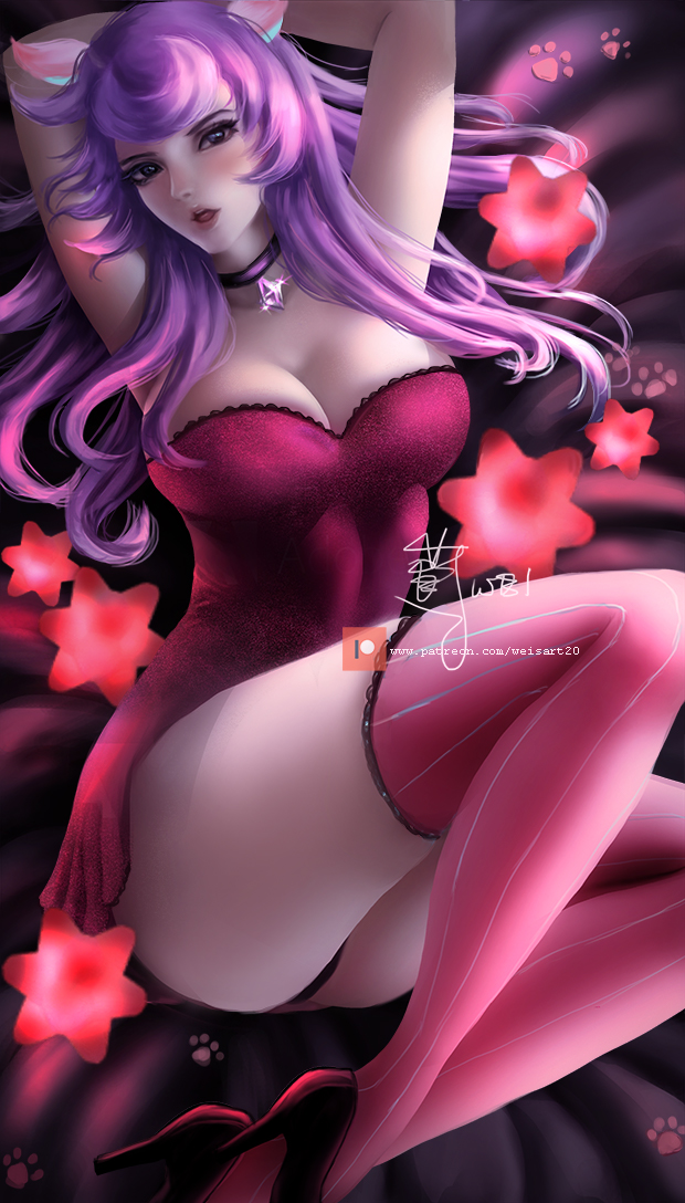 1girl, animal_crossing, animal_ears, animal_hands, artist_name, blush, breasts, choker, cleavage, deer_ears, diana_(animal_crossing), dress, female_focus, high_heels, humanization, large_breasts, long_hair, looking_at_viewer, nintendo, open_mouth, patreon_username, personification, purple_eyes, purple_hair, solo, star_(symbol), teeth, thighhighs, underwear, wei_(promise_0820)