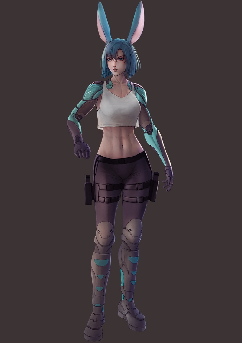 1girl, animal_ears, blue_eyes, blue_hair, boots, brown_background, commission, cyberpunk